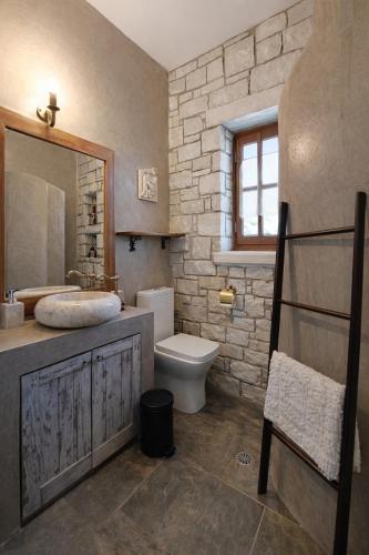 a bathroom with a sink and a toilet and a mirror at Stone Villa Monolia in Amaliapoli