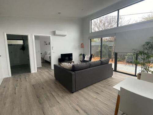 un salon avec un canapé gris et une télévision dans l'établissement WARM Sunlit Sustainable north facing Studio, à Hawker