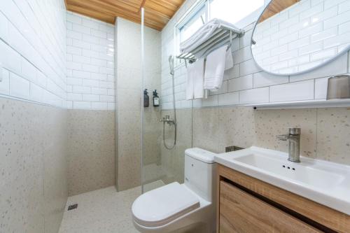 een badkamer met een toilet, een wastafel en een douche bij 山邸民宿 in Taitung
