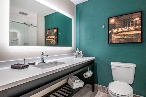 a bathroom with a sink and a toilet and a mirror at Cambria Hotel Louisville Downtown-Whiskey Row in Louisville