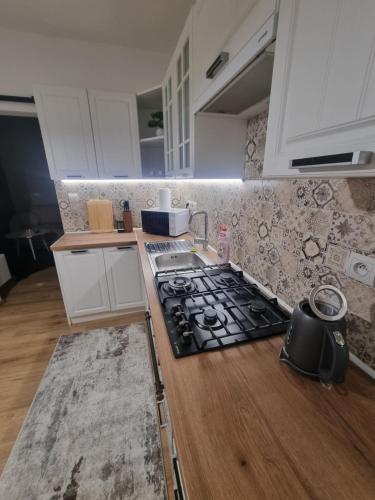 een keuken met een fornuis en een aanrechtblad bij Apartmán Sárka Brezno in Brezno