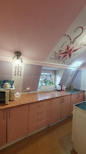 una cucina con un lavello e un piano di lavoro di Лаванда a Jaremče