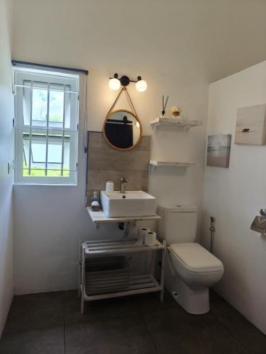 a bathroom with a toilet and a sink and a window at El-Sangha Studio 2mina pieds de la plage de baie du cap in Ruisseau Créole