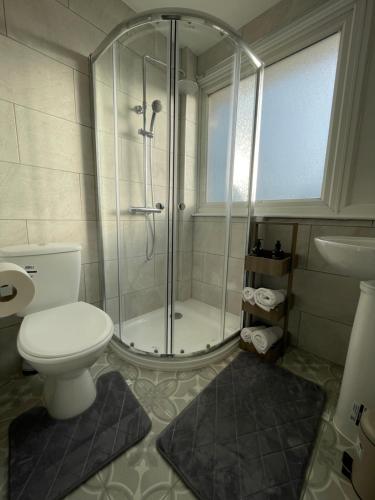 a bathroom with a shower and a toilet and a sink at Skyway Suites Luton in Luton