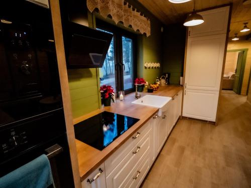 een keuken met een spoelbak en een raam bij Karmuszka Leśna Weranda in Łukta