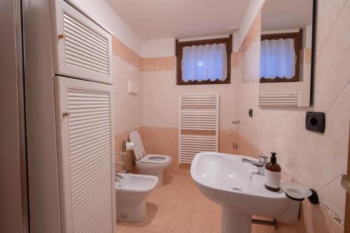 a bathroom with a white sink and a toilet at LAB Cottage in Madonna di Campiglio