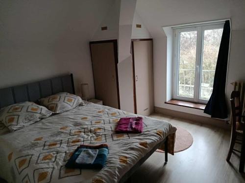 La chateloise في Le Châtelet: غرفة نوم بها سرير عليه مناشف