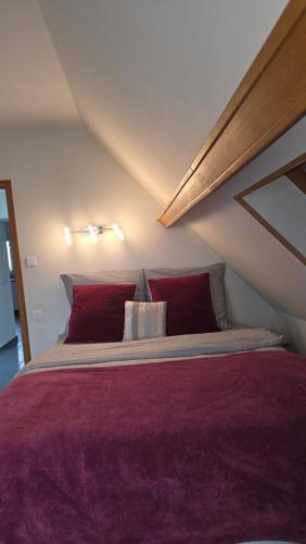 ein Schlafzimmer mit einem großen Bett mit roten Kissen in der Unterkunft Gîte les Dahlias in Bennwihr
