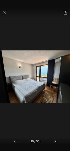 een slaapkamer met een bed en uitzicht op de oceaan bij Вила Хоризонт-Албена in Balchik