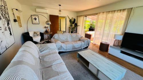 a living room with two couches and a tv at Stay on Stafford in Nelson