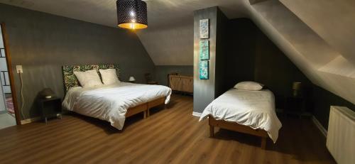 twee bedden in een kamer met een zolder bij La Villa du Papetier in Boussières