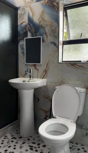 a bathroom with a white toilet and a sink at Uduak Lodge in Harare