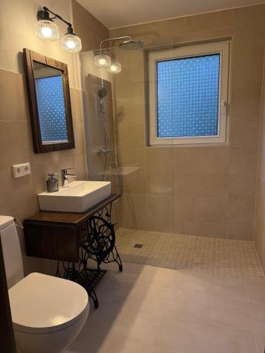 a bathroom with a sink and a toilet and a shower at Stadt Land Ferienhaus in Falkensee