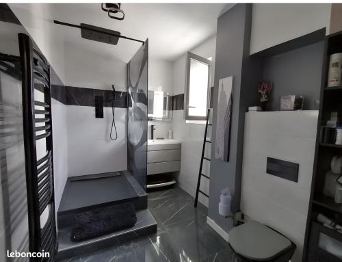 een badkamer met een douche, toilet en wastafel bij Villa Zena in Saint-Bonnet-de-Mure