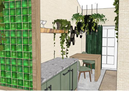 eine Darstellung einer Küche mit Tisch und Pflanzen in der Unterkunft De Hombrake, Bed & Breakfast in Wilp