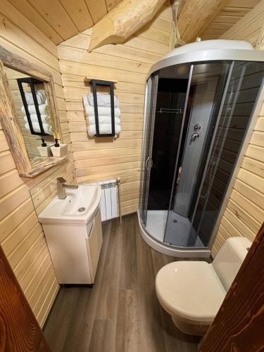 a bathroom with a shower and a toilet and a sink at Derevo House in Yasinya
