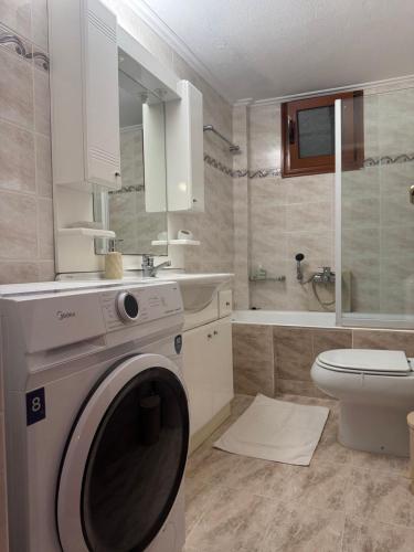 a bathroom with a washing machine and a toilet at Mani Beach House in Vathia