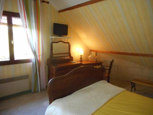 a bedroom with a bed and a television on a table at La Poiriere in Chemellier