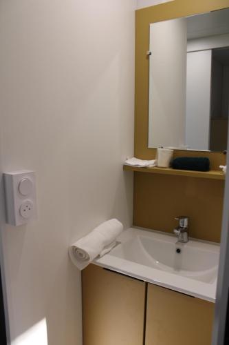 une salle de bains avec un lavabo et un miroir dans l'établissement Studiotel premium 2 personnes, à Pamiers