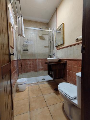 a bathroom with a shower and a toilet and a sink at Hotel Pozo Rey by Youroom in Chipiona
