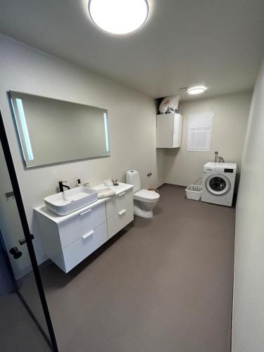 a bathroom with a sink and a toilet and a washing machine at Sentral leilighet in Egersund