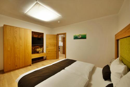 a bedroom with a large bed and a television at Gut Leithaberg in Jois