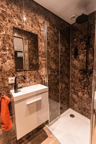 a bathroom with a sink and a shower at Tiny Boat House #4 in Garnwerd