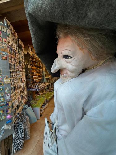 eine Frau mit einer Maske im Gesicht in einem Geschäft in der Unterkunft Ático Pequeño Paraíso Combarro in Combarro
