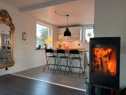 un soggiorno con camino e piano cottura di Entire Home in Kivik a Kivik