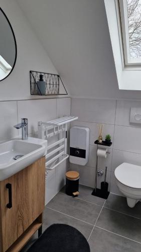 a bathroom with a sink and a toilet at MaxMir - Ortlohn Apartment Klima in Iserlohn