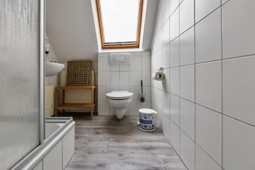a bathroom with a toilet and a sink at Ferienwohnung AHOI Thiessow in Thiessow