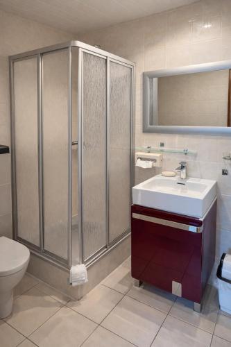 a bathroom with a sink and a shower and a toilet at Pension Wolkenrasen in Sonneberg