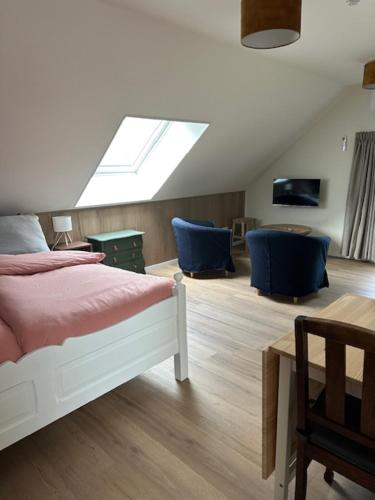 a bedroom with a bed and a skylight at 't Veurhuus in Ansen