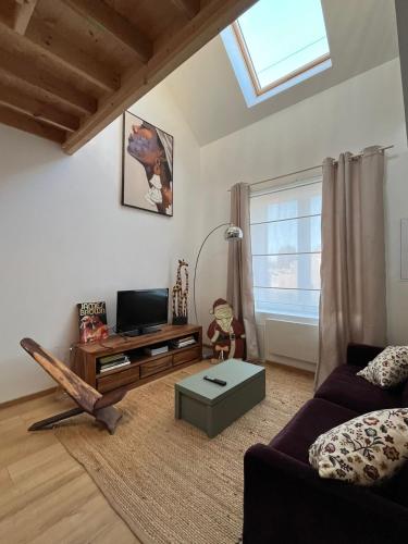 a living room with a couch and a tv at La maison de l'orée de la forêt in Hasnon