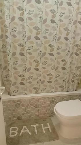 a bathroom with a toilet and a shower curtain at D-Onyx Holiday lets Apartment in Żebbuġ