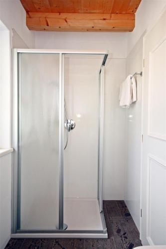 a shower with a glass door in a bathroom at Brandlgut in Bolzano