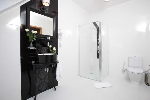 a bathroom with a glass shower and a toilet at Hotel Nysa in Nysa