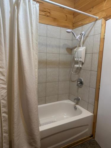 ein Badezimmer mit Badewanne und Duschvorhang in der Unterkunft Le Richelieu in St-Bernard de Lacolle