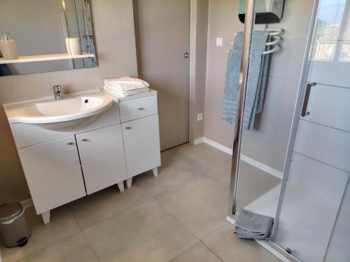 a bathroom with a sink and a shower at Maison d'hôtes Beauregard in Donneville