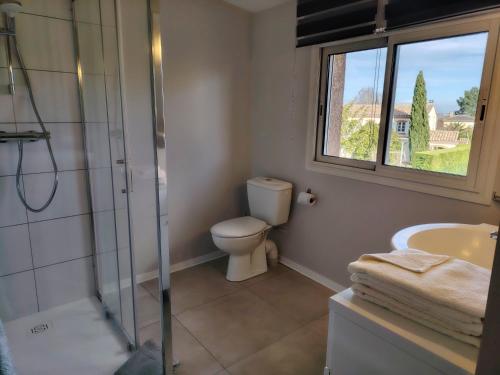 een badkamer met een toilet en een douche en een raam bij Maison d'hôtes Beauregard in Donneville