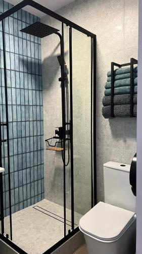 a bathroom with a glass shower with a toilet at Molfar in Yasinya