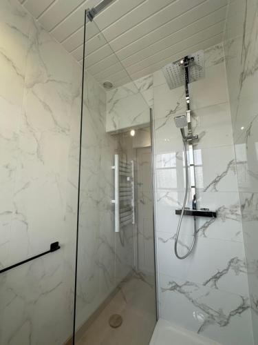ein Badezimmer mit Dusche mit Glastür in der Unterkunft Spacieux studio rénové en centre ville - Apt7 in Givet