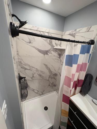 een badkamer met een douche met een marmeren douchegordijn bij Luxe in the Lou in Saint Louis
