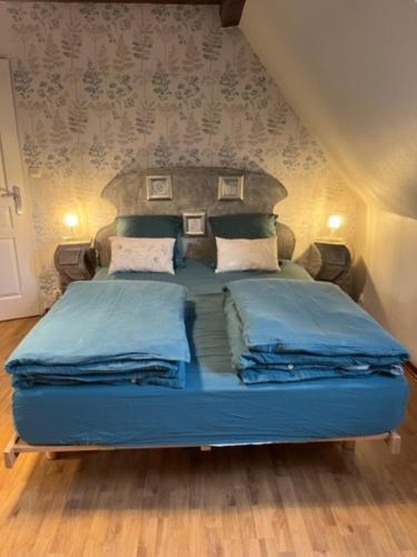 a large blue bed in a room with a wall at Chambre d'hôte chez Hélène in Kaysersberg