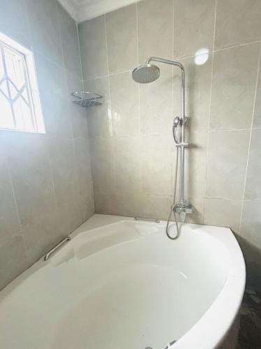 a bathroom with a bath tub and a toilet at Asamez Apartments in Lilongwe