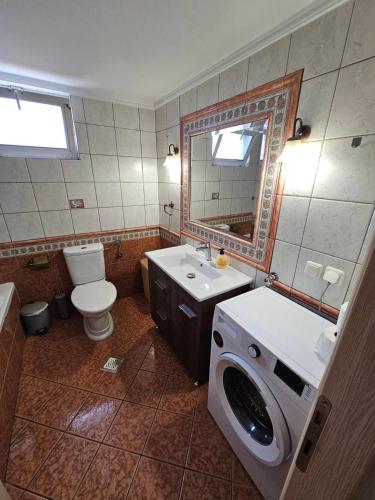 a bathroom with a toilet sink and a washing machine at Kouros Cozy Home II in Orestiada