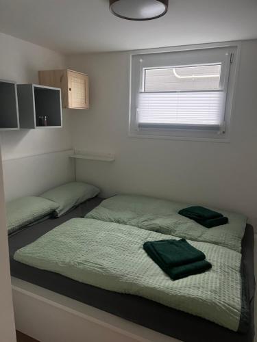 een slaapkamer met 2 aparte bedden en een raam bij Hausboot - Nordsonne 10 in Wangerland