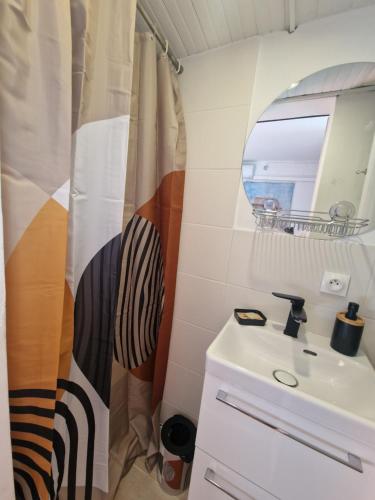 une salle de bain avec un rideau de douche et un lavabo dans l'établissement Maison de village vençoise, à Vence
