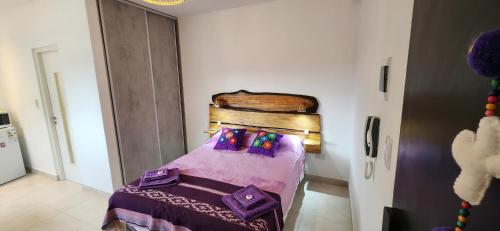 a bedroom with a bed with purple blankets and pillows at EmBruHadas Violet in San Salvador de Jujuy