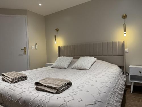 ein Schlafzimmer mit einem Bett, auf dem zwei Handtücher liegen in der Unterkunft L'Hakuna II - Suite et Spa in Fontaine-Notre-Dame